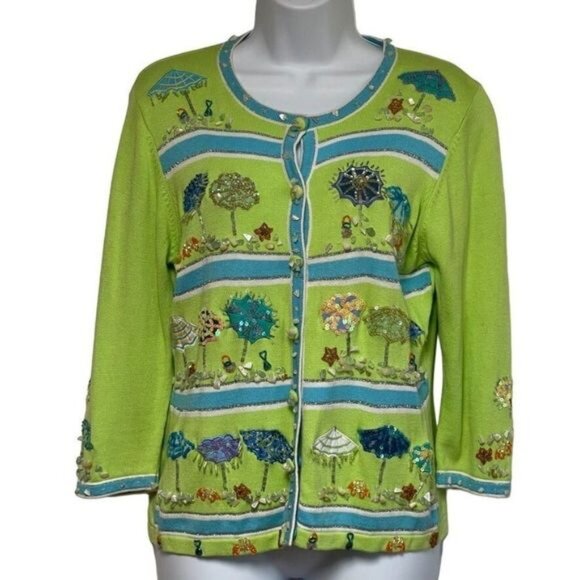 Just B Womens Cardigan Embellished Sun Umbrella Button Up Vintage Sweater Size S - Picture 1 of 13